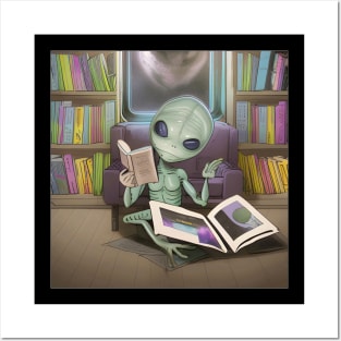 Believe in Yourself Funny an Alien reading a Book Posters and Art